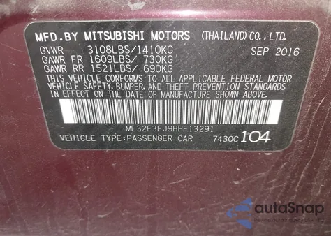 2017 Mitsubishi Mirage G4 Es from USA, damaged, VIN ML32F3FJ9HHF13291